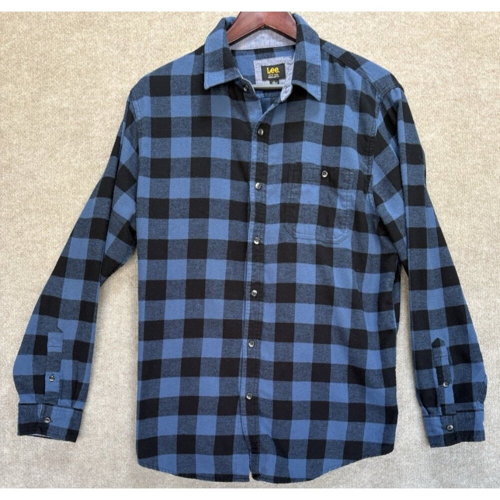 Lee Large Shirt Regular Fit Flannel Blue Plaid Long Sleeve Button Down Thick GUC